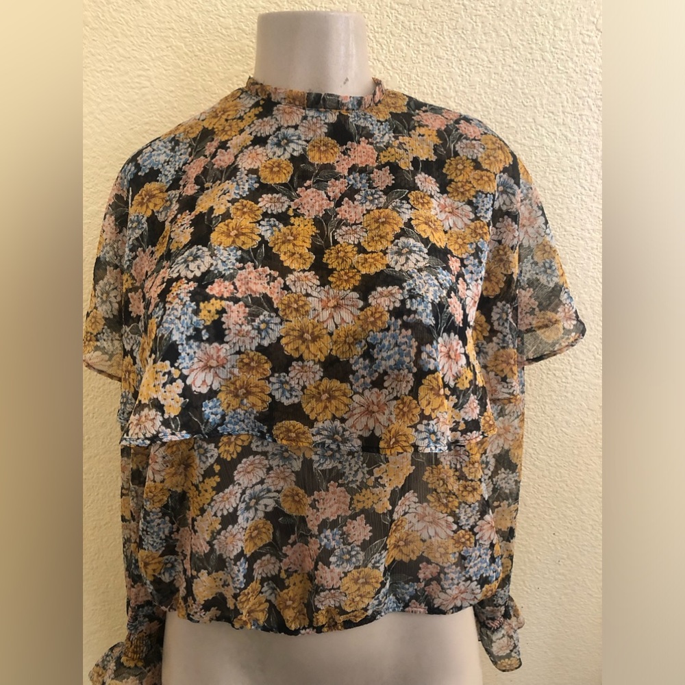 Zara Basic sheer floral print ruffle top blouse size M